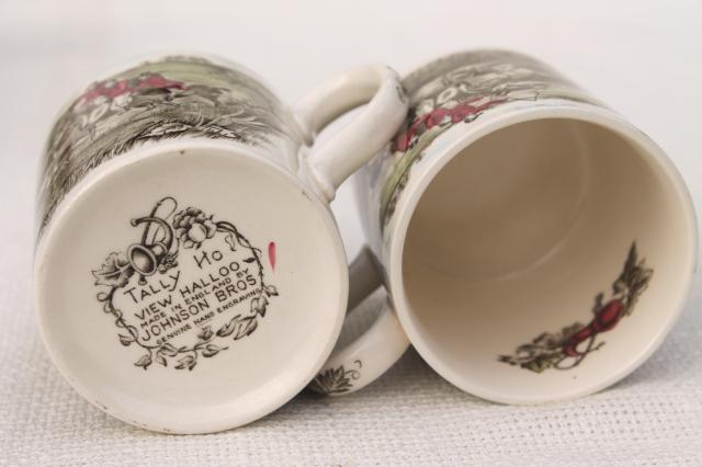 photo of Tally Ho English hunt scene coffee mugs, vintage Johnson Bros china set of six cups #5