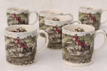 catalog photo of Tally Ho English hunt scene coffee mugs, vintage Johnson Bros china set of six cups