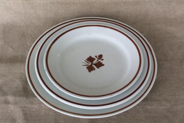 photo of Tea Leaf pattern white ironstone china w/ copper luster stack of antique plates #1