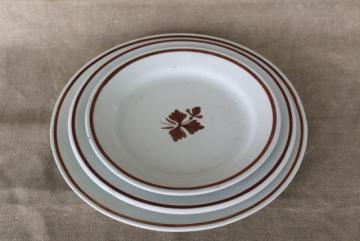 catalog photo of Tea Leaf pattern white ironstone china w/ copper luster stack of antique plates