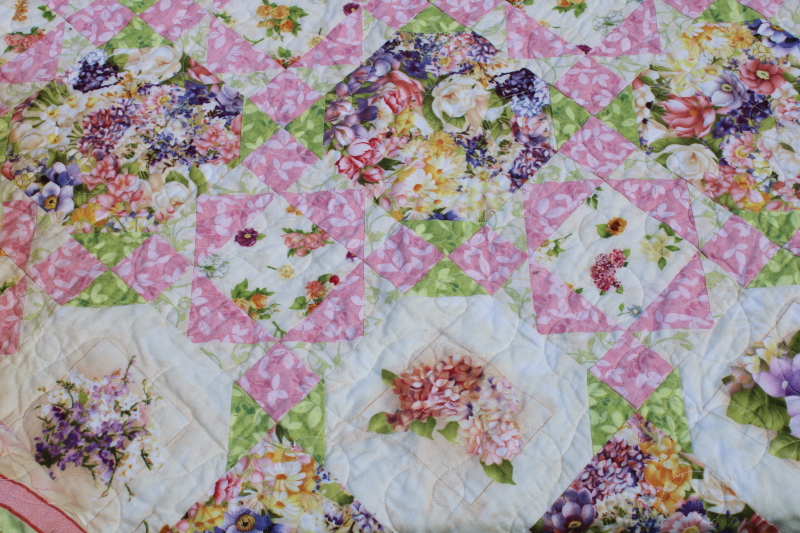 photo of Teddy Bear Quilt Studio Creations full size quilt floral prints cotton patchwork pink & green  #3