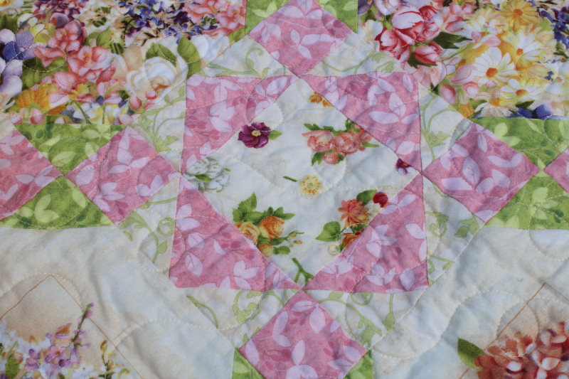 photo of Teddy Bear Quilt Studio Creations full size quilt floral prints cotton patchwork pink & green  #4