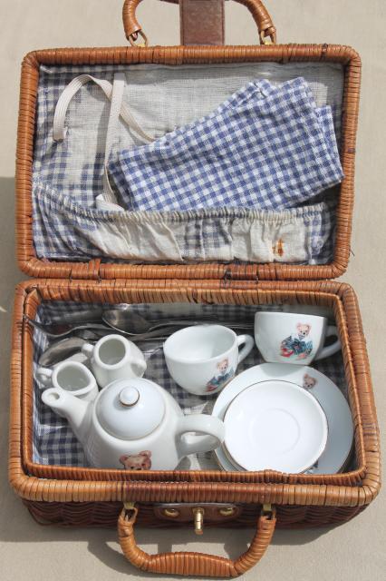 photo of Teddy Bears picnic hamper, toy picnic basket w/ tiny silverware & china tea set doll dishes #8