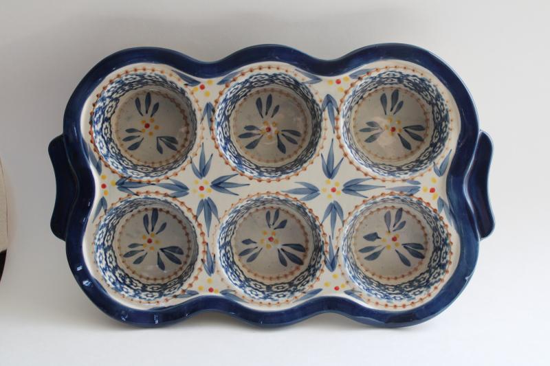 photo of Temp-tations Old World blue oven safe hand painted pottery muffin pan #1