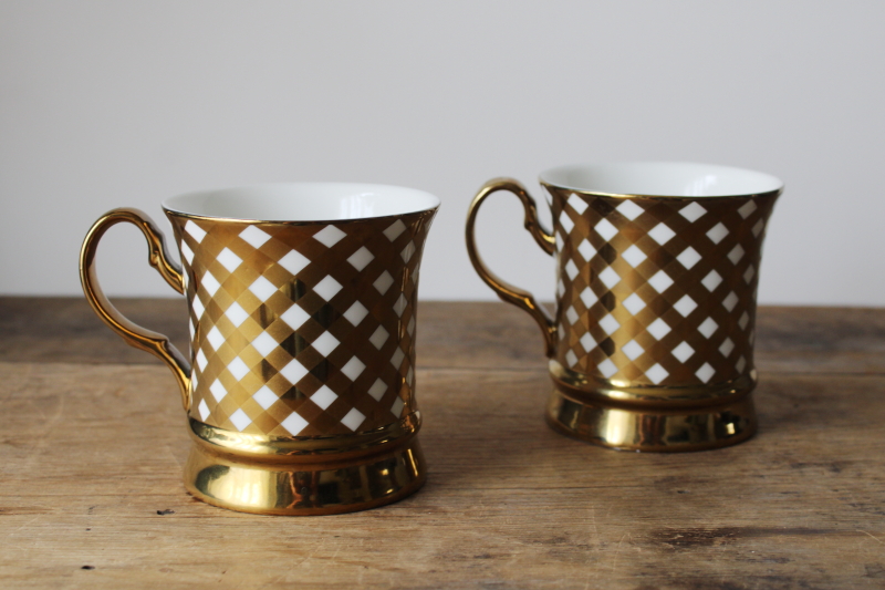 photo of Ten Strawberry Street metallic gold gingham plaid ceramic mugs, vintage 1990s style holiday  #1