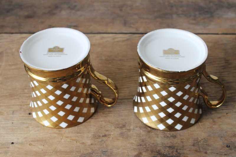 photo of Ten Strawberry Street metallic gold gingham plaid ceramic mugs, vintage 1990s style holiday  #3