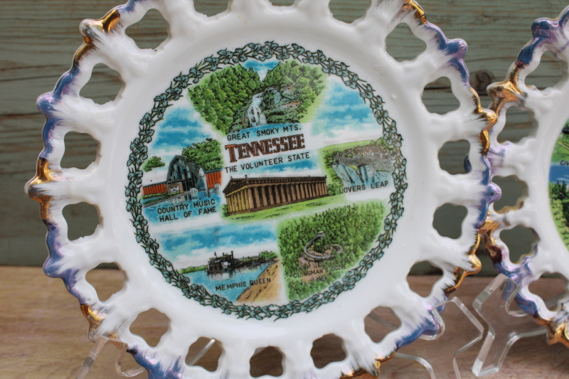 photo of Tennessee souvenirs, lot of china plates pierced border gold & blue luster vintage Japan #4