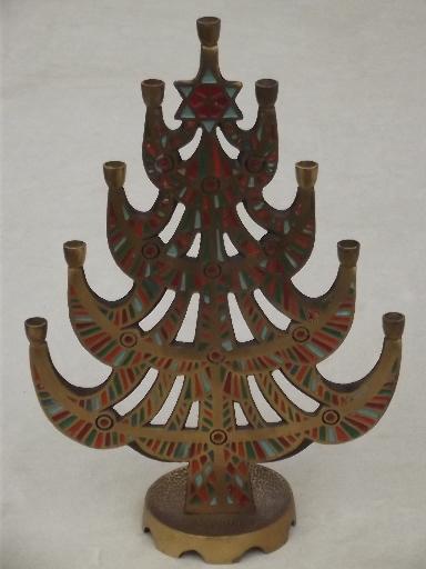 photo of Terra Sancta brass enamel Christmas tree candle holder, 60s vintage #1