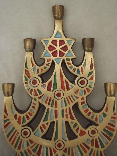 photo of Terra Sancta brass enamel Christmas tree candle holder, 60s vintage #4