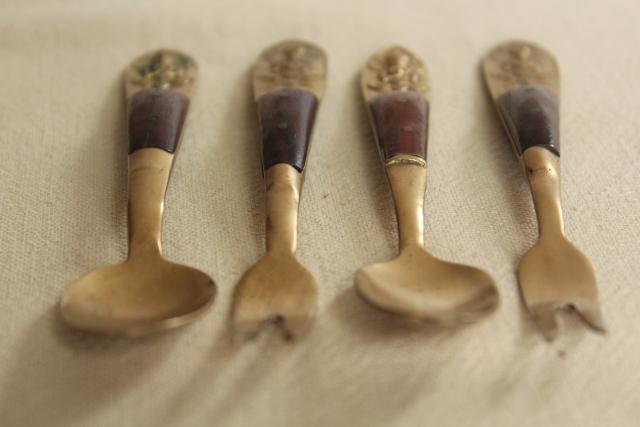 photo of Thailand brass utensils, teak handled flatware, tiny cocktail forks & spoons Siam vintage #5