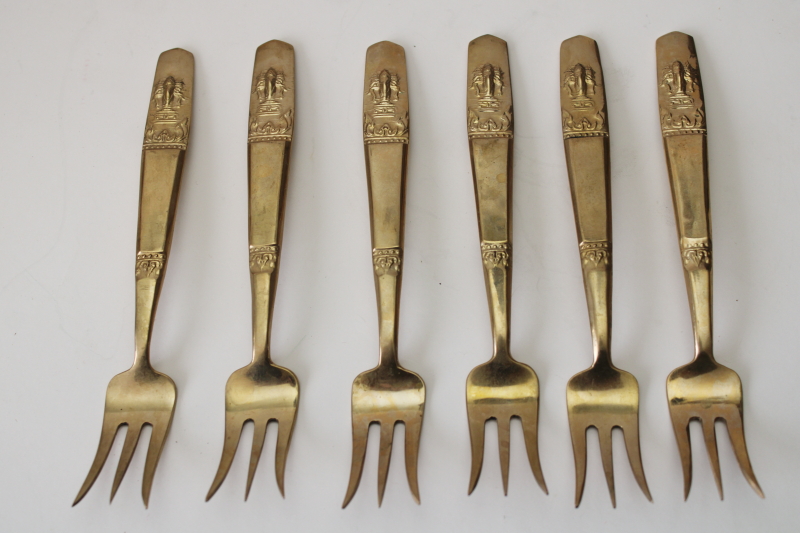photo of Thailand solid brass flatware, set of six cocktail forks heavy embossed design, fancy flared shape  #1