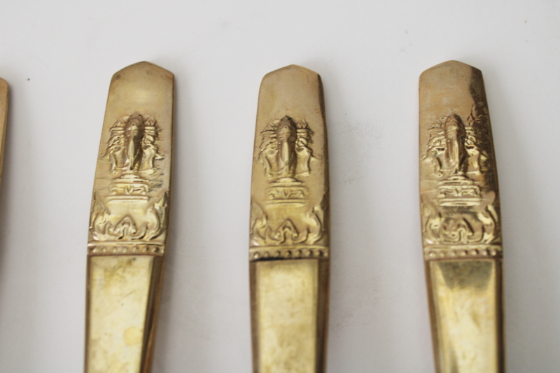 photo of Thailand solid brass flatware, set of six cocktail forks heavy embossed design, fancy flared shape  #2