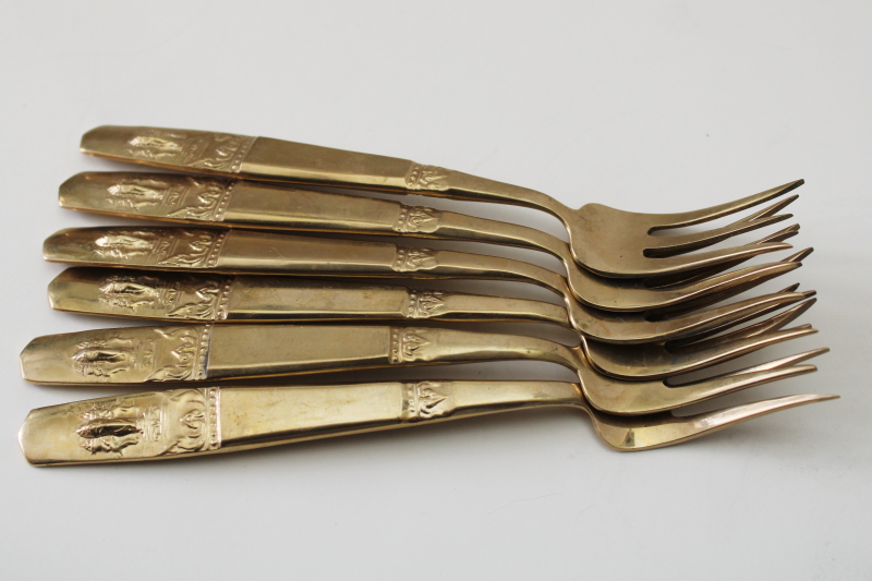 photo of Thailand solid brass flatware, set of six cocktail forks heavy embossed design, fancy flared shape  #3