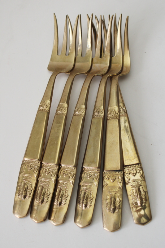 photo of Thailand solid brass flatware, set of six cocktail forks heavy embossed design, fancy flared shape  #4