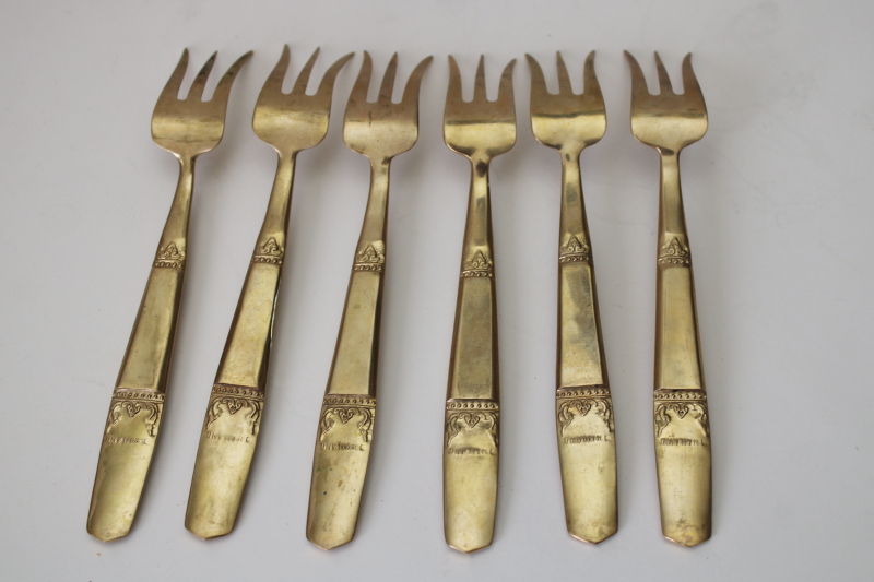photo of Thailand solid brass flatware, set of six cocktail forks heavy embossed design, fancy flared shape  #5