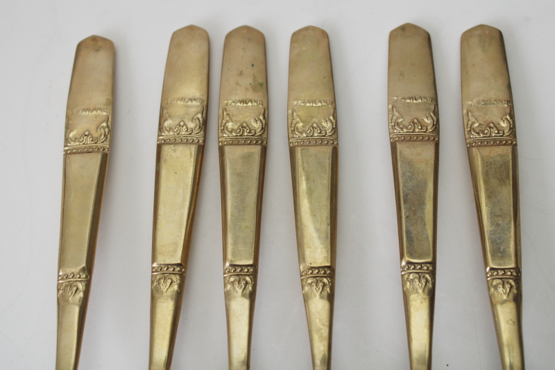 photo of Thailand solid brass flatware, set of six cocktail forks heavy embossed design, fancy flared shape  #6
