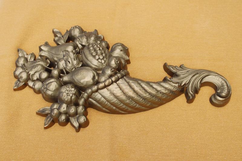 photo of Thanksgiving horn of plenty door or wall plaque, vintage gold rococo plastic cornucopia #1
