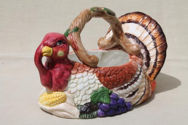 photo of Thanksgiving tom turkey ceramic centerpiece basket to hold flowers, greenery, fruit #1