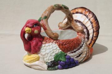 catalog photo of Thanksgiving tom turkey ceramic centerpiece basket to hold flowers, greenery, fruit