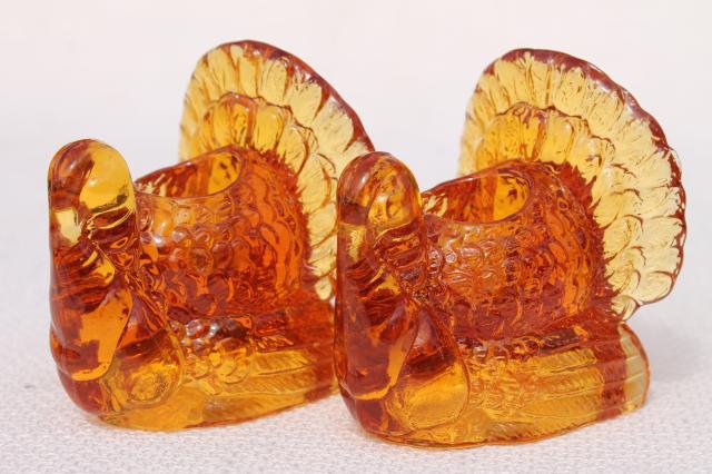 photo of Thanksgiving turkey pressed glass candlesticks, pair of amber glass candle holders #1