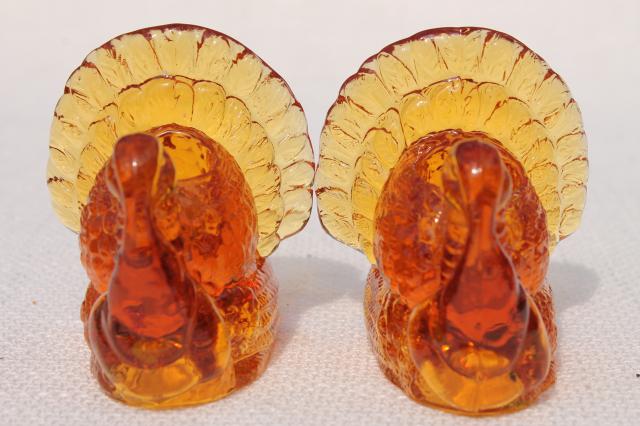 photo of Thanksgiving turkey pressed glass candlesticks, pair of amber glass candle holders #2