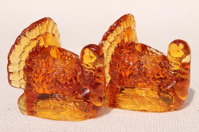 photo of Thanksgiving turkey pressed glass candlesticks, pair of amber glass candle holders #3