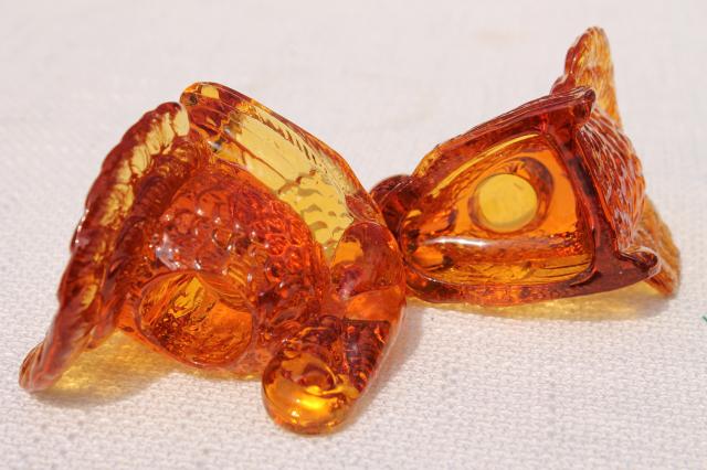 photo of Thanksgiving turkey pressed glass candlesticks, pair of amber glass candle holders #5