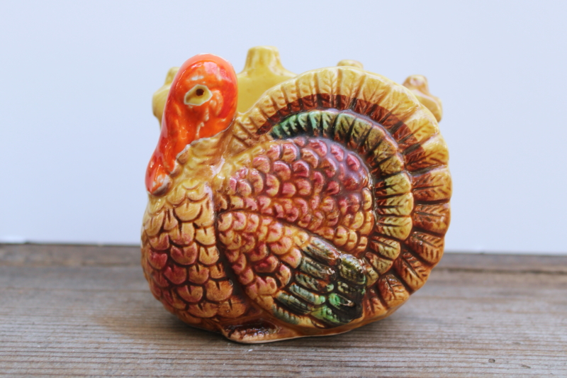 photo of Thanksgiving turkey table decor napkin holder, vintage Japan hand painted ceramic figure  #1