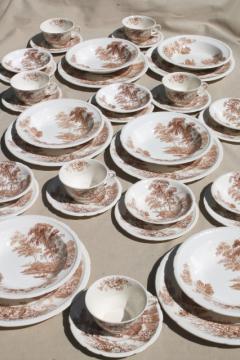 catalog photo of The Ferry Swinnertons Staffordshire china brown transferware dishes, vintage dinnerware set for 6