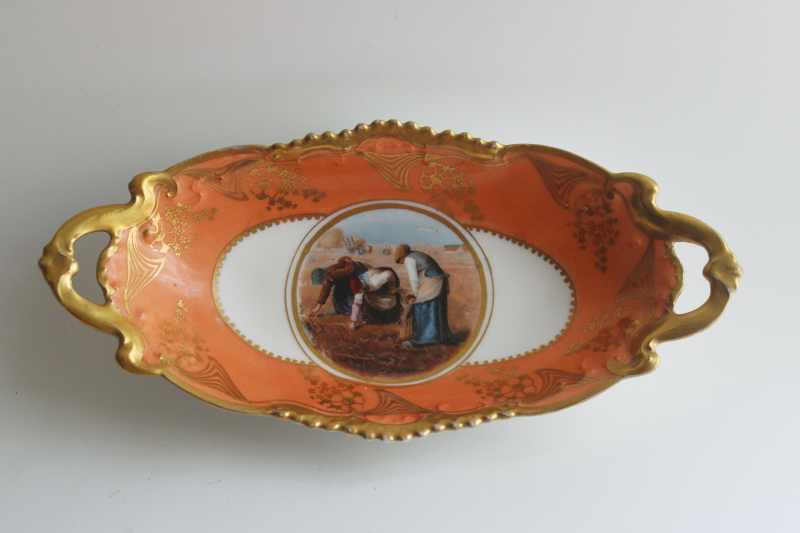 photo of The Gleaners print antique china pickle or celery dish, Thanksgiving table bowl  #1