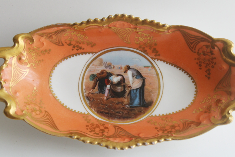 photo of The Gleaners print antique china pickle or celery dish, Thanksgiving table bowl  #2