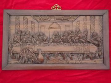 catalog photo of The Last Supper vintage carved wood picture, 23 1/2 inches long in frame