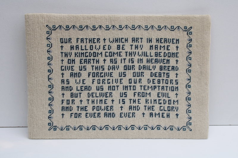 photo of The Lords Prayer vintage hand stitched needlepoint motto blue white large wall hanging #1