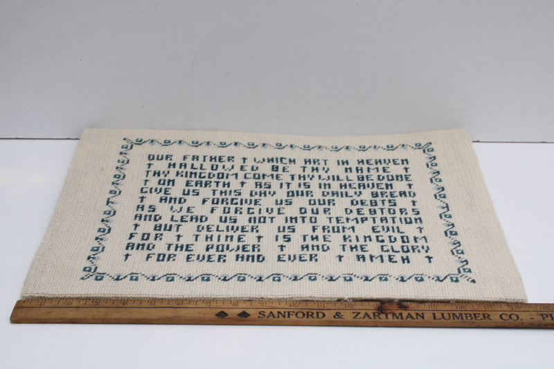 photo of The Lords Prayer vintage hand stitched needlepoint motto blue white large wall hanging #2