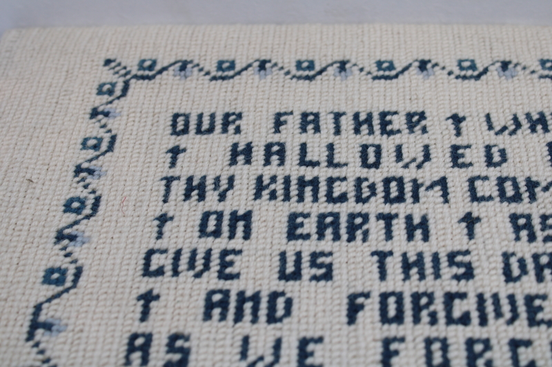 photo of The Lords Prayer vintage hand stitched needlepoint motto blue white large wall hanging #3