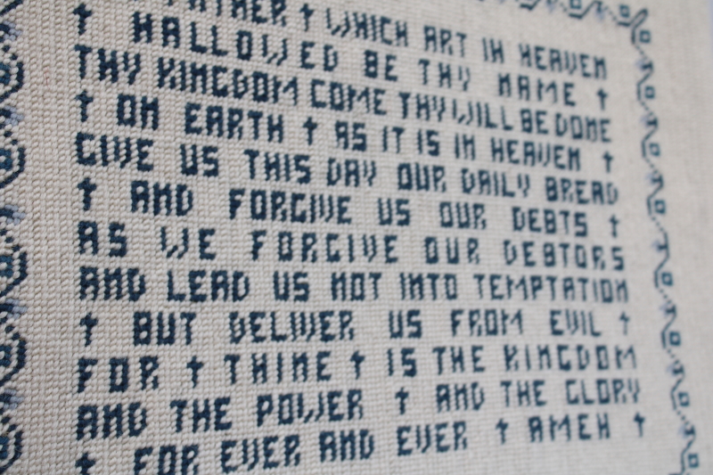 photo of The Lords Prayer vintage hand stitched needlepoint motto blue white large wall hanging #5