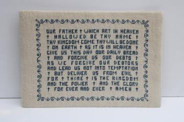 The Lords Prayer vintage hand stitched needlepoint motto blue white large wall hanging