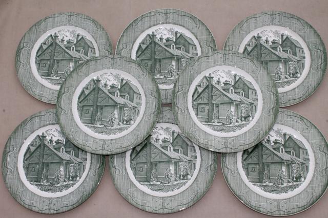 photo of The Old Curiosity Shop china set of 8 dinner plates, vintage Royal green transferware #1