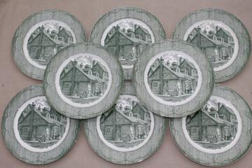 catalog photo of The Old Curiosity Shop china set of 8 dinner plates, vintage Royal green transferware