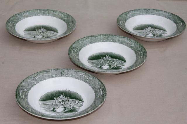 photo of The Old Curiosity Shop green & white transferware soup bowls, vintage Royal china #1