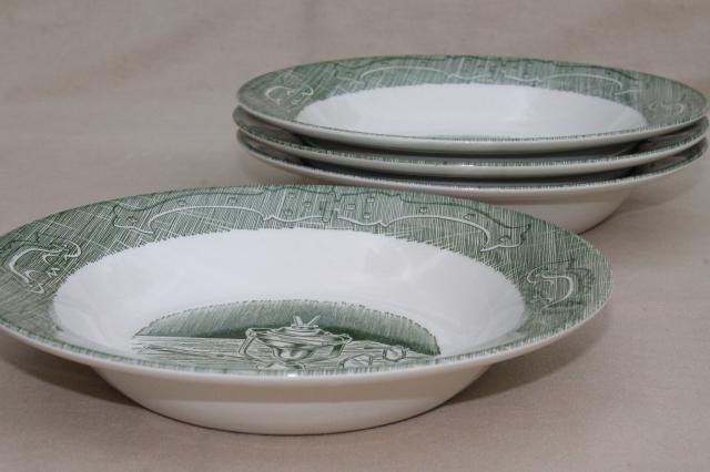 photo of The Old Curiosity Shop green & white transferware soup bowls, vintage Royal china #2