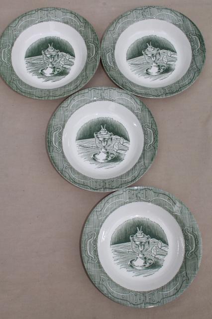 photo of The Old Curiosity Shop green & white transferware soup bowls, vintage Royal china #3