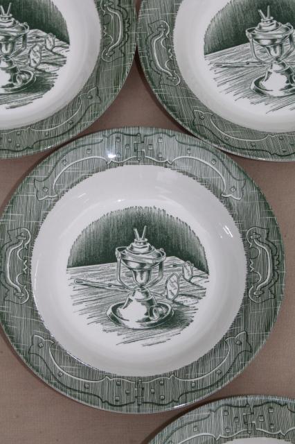 photo of The Old Curiosity Shop green & white transferware soup bowls, vintage Royal china #4