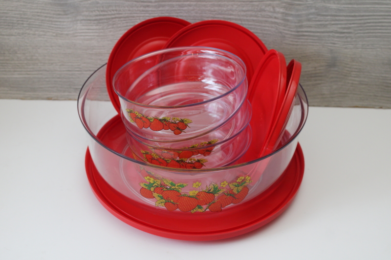 photo of Thermo Serv strawberries print bowls w/ red snap lids, large serving salad bowl & four individual bowls set #4