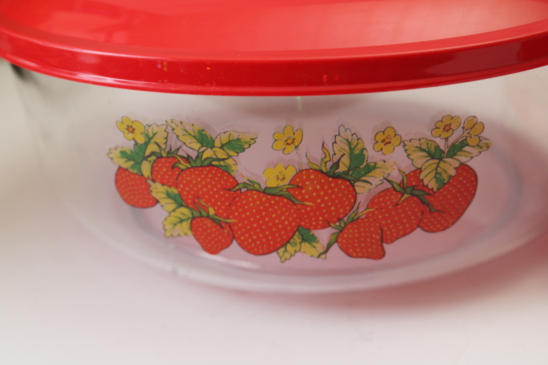 photo of Thermo Serv strawberries print bowls w/ red snap lids, large serving salad bowl & four individual bowls set #6