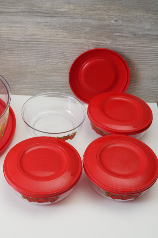 photo of Thermo Serv strawberries print bowls w/ red snap lids, large serving salad bowl & four individual bowls set #9