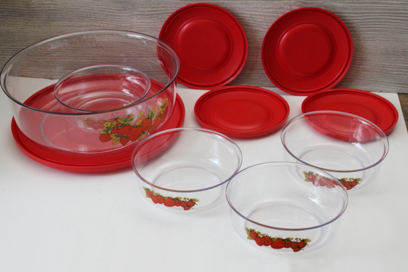 photo of Thermo Serv strawberries print bowls w/ red snap lids, large serving salad bowl & four individual bowls set #12