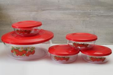 catalog photo of Thermo Serv strawberries print bowls w/ red snap lids, large serving salad bowl & four individual bowls set 