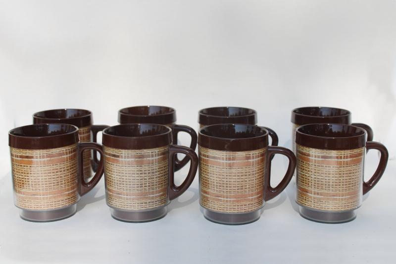 photo of Thermo ware style vintage insulated plastic mugs set, burlap raffia ware print #1