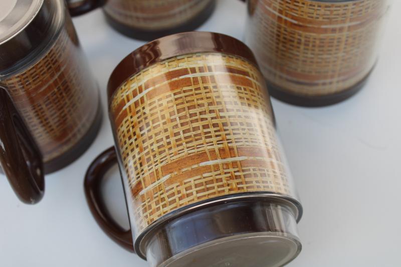 photo of Thermo ware style vintage insulated plastic mugs set, burlap raffia ware print #5